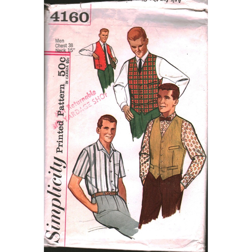 Vintage Simplicity 4160 Mens Shirt and Vest Sewing Pattern Chest 38‎ Neck 15